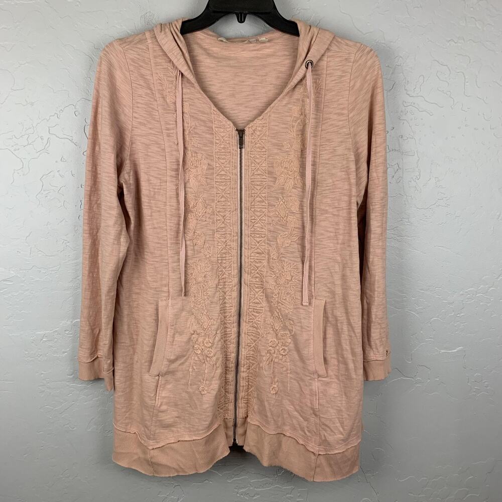 Soft Surroundings Hoodie Womens Large Peach Embroidered Zip Up Sweatshirt Cotton